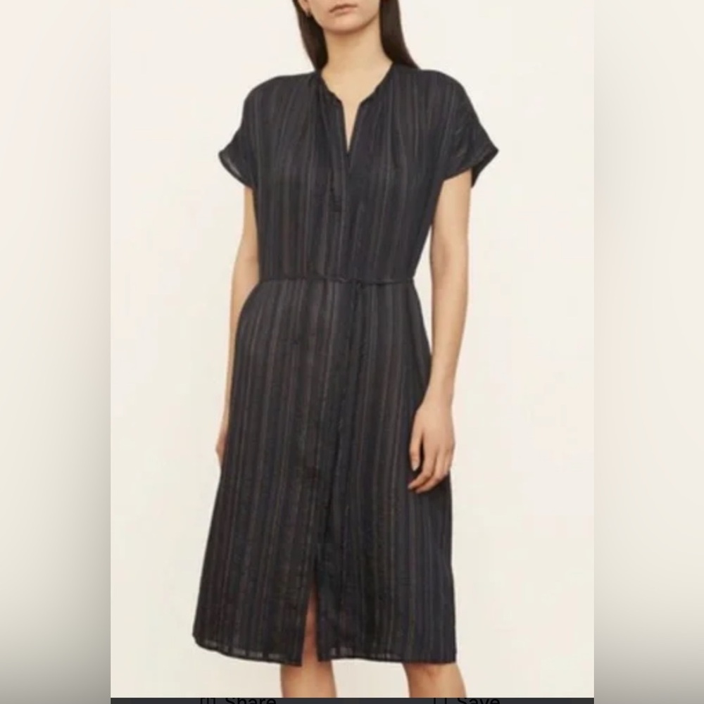 $375 Vince Women's Blue Striped V-Neck Belted Pockets Midi Maxi Dress Size Med